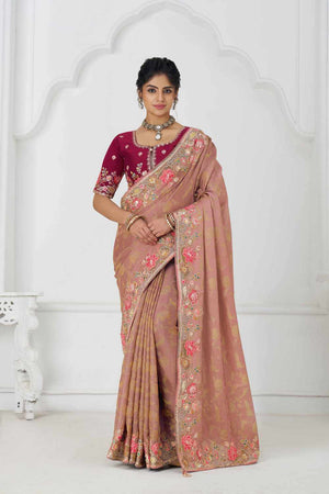 Peach Embroidered Dola Viscose Silk Saree