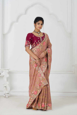 Peach Embroidered Dola Viscose Silk Saree