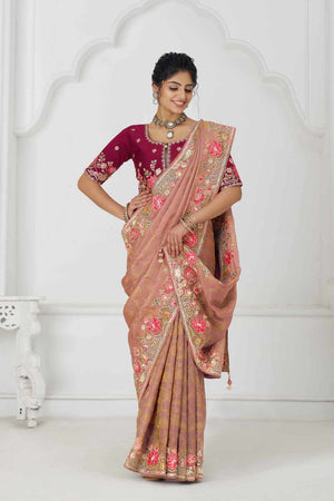 Peach Embroidered Dola Viscose Silk Saree