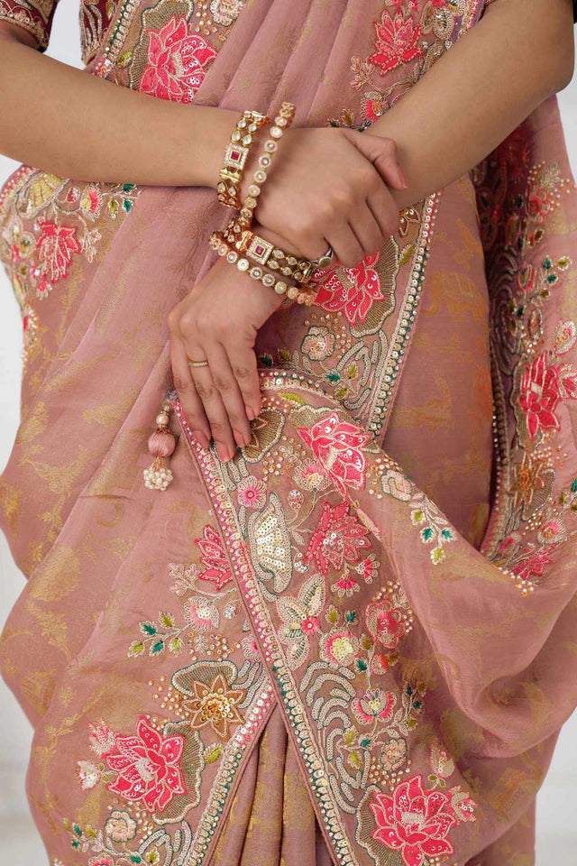 Peach Embroidered Dola Viscose Silk Saree