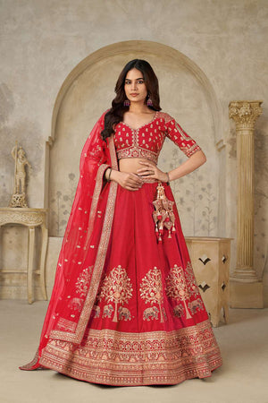 Red Sequin with Embroidered Silk Lehenga