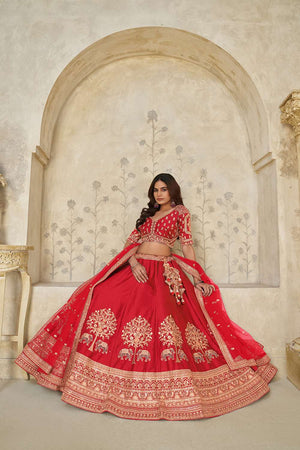 Red Sequin with Embroidered Silk Lehenga