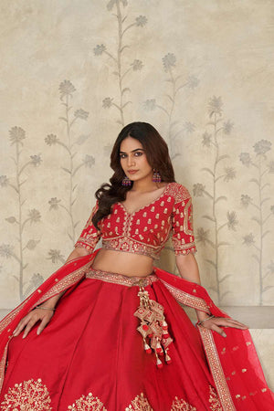 Red Sequin with Embroidered Silk Lehenga