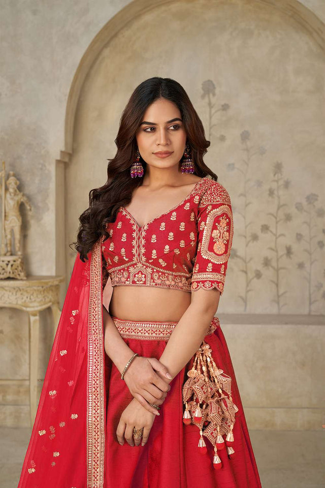 Red Sequin with Embroidered Silk Lehenga