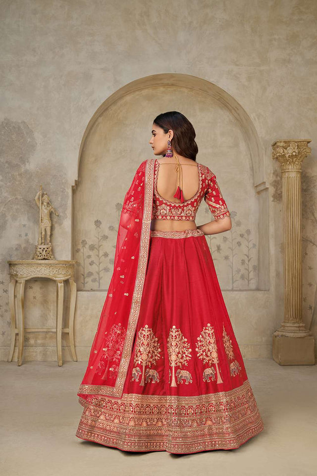 Red Sequin with Embroidered Silk Lehenga
