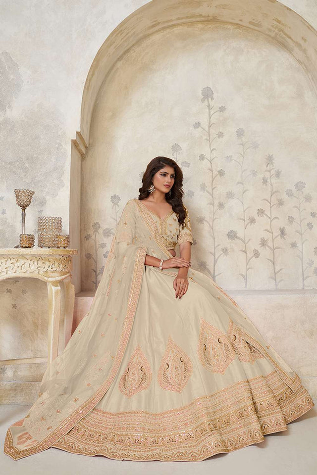 Cream Sequin with Embroidered Silk Lehenga