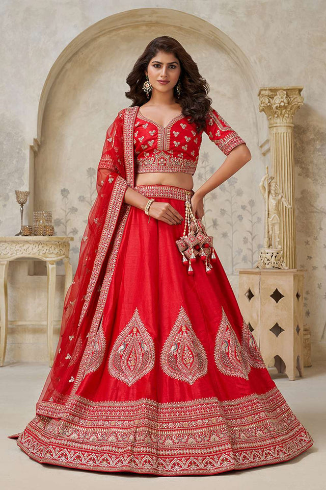 Red Sequin with Embroidered Silk Lehenga