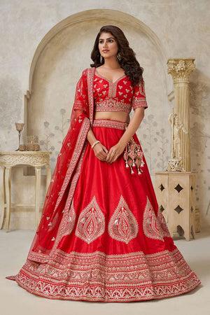 Red Sequin with Embroidered Silk Lehenga