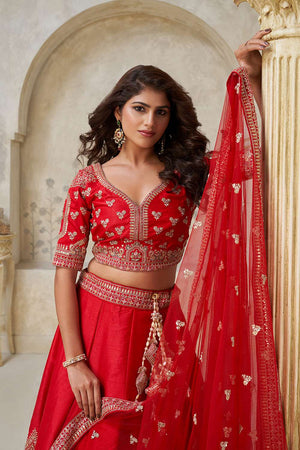 Red Sequin with Embroidered Silk Lehenga