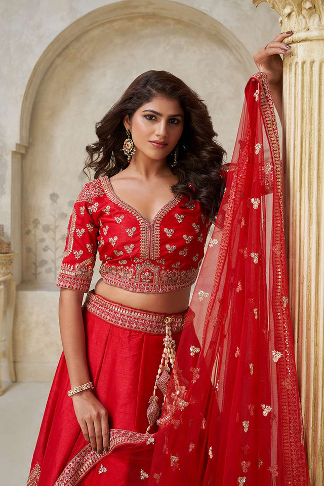 Red Sequin with Embroidered Silk Lehenga