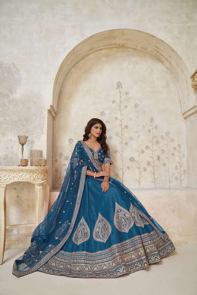 Turquoise Sequin with Embroidered Silk Lehenga