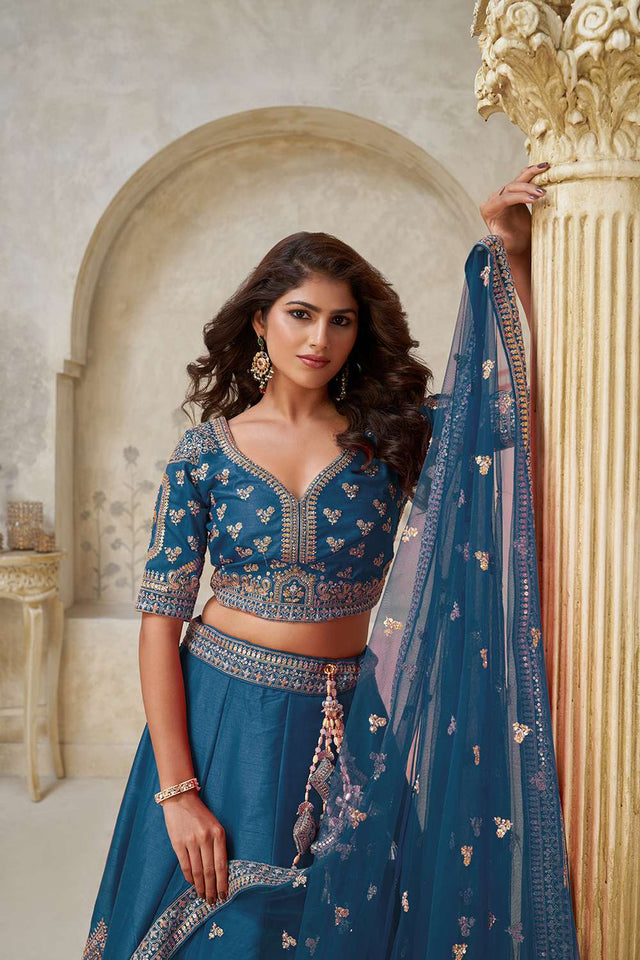 Turquoise Sequin with Embroidered Silk Lehenga