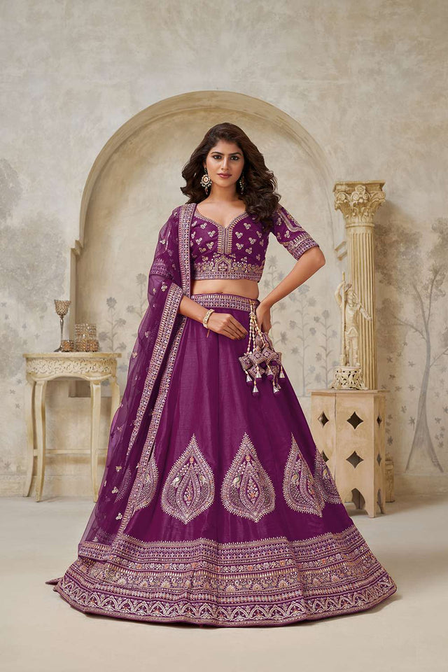 Wine Sequin with Embroidered Silk Lehenga