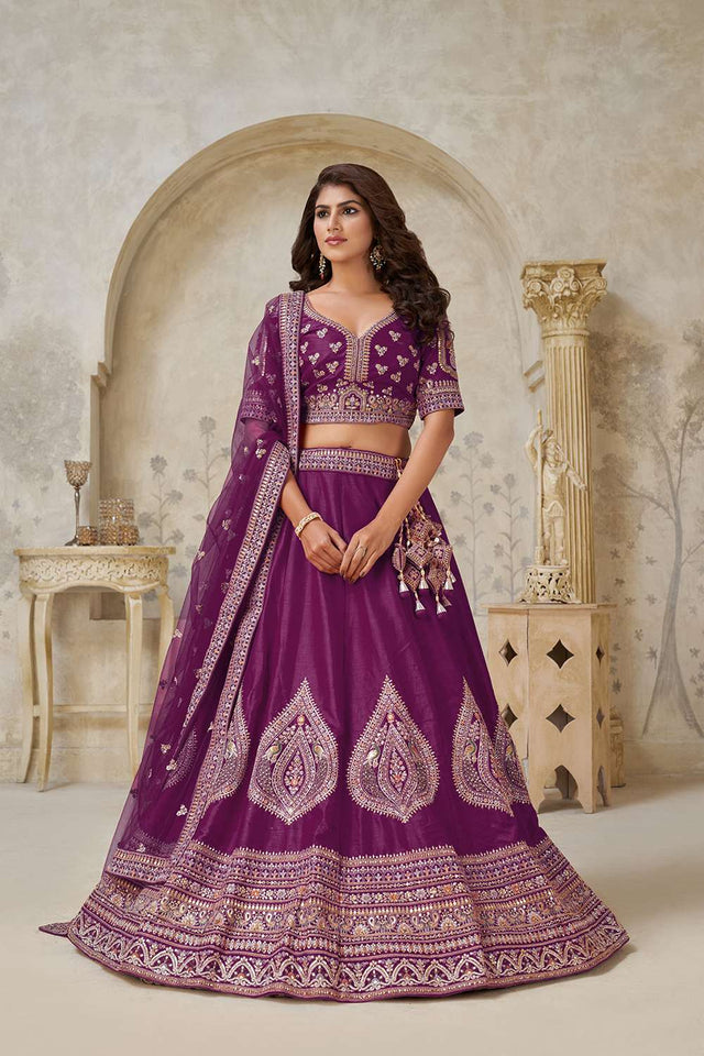 Wine Sequin with Embroidered Silk Lehenga