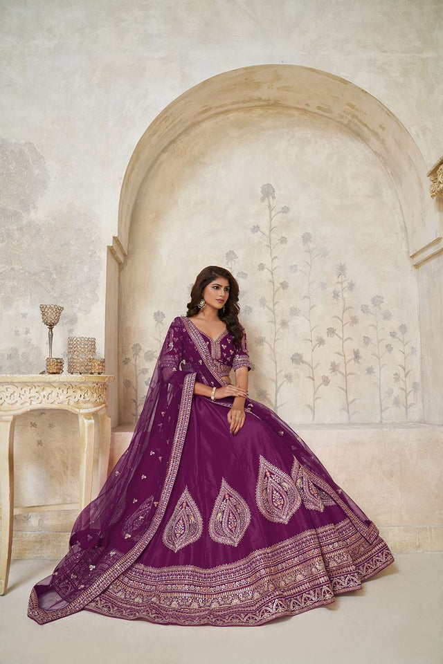 Wine Sequin with Embroidered Silk Lehenga