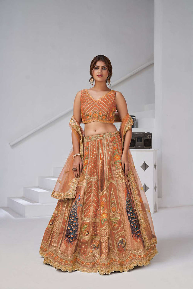 Rust Sequin with Embroidered Banarsi Lehenga