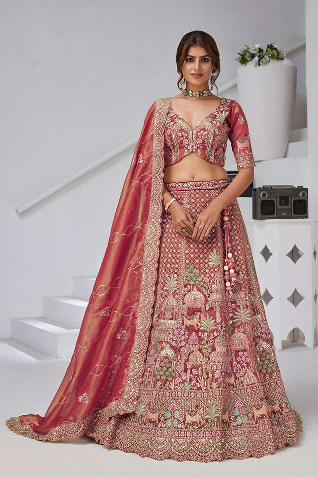 Pink Sequin with Embroidered Organza Lehenga