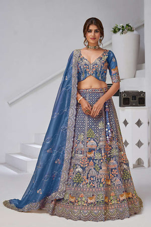 Turquoise Sequin with Embroidered Organza Lehenga