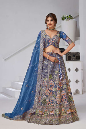Turquoise Sequin with Embroidered Organza Lehenga