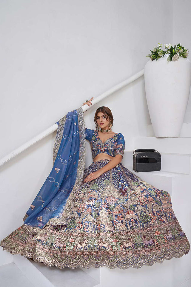 Turquoise Sequin with Embroidered Organza Lehenga