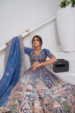 Turquoise Sequin with Embroidered Organza Lehenga