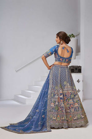 Turquoise Sequin with Embroidered Organza Lehenga