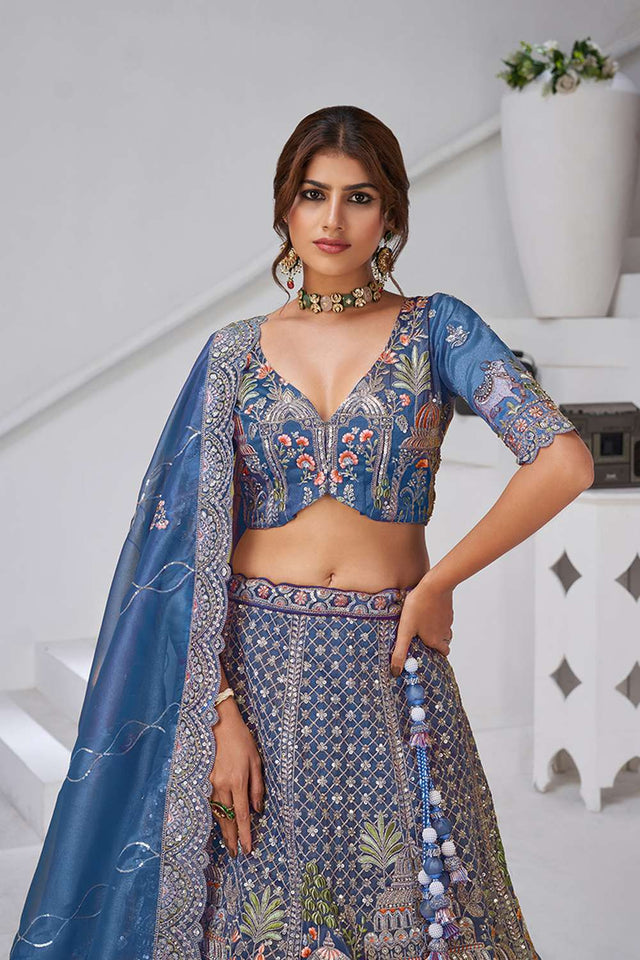 Turquoise Sequin with Embroidered Organza Lehenga