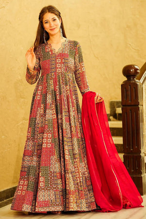 Red Printed Rayon Gown (KF Lucaya19-1904)