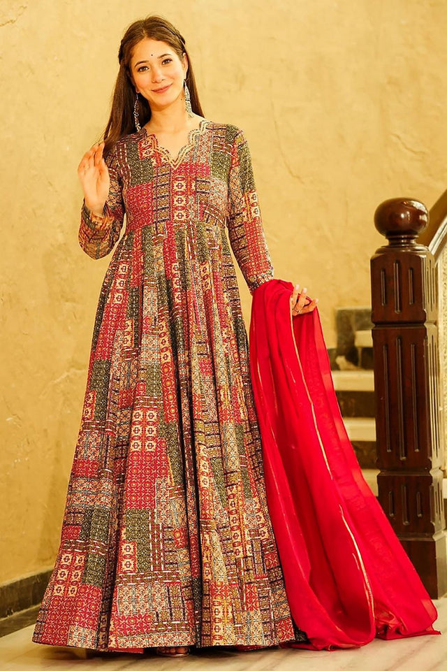 Red Printed Rayon Gown (KF Lucaya19-1904)