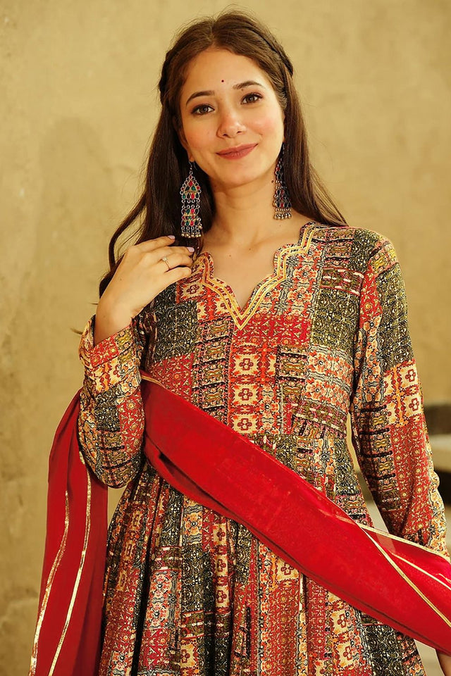 Red Printed Rayon Gown (KF Lucaya19-1904)