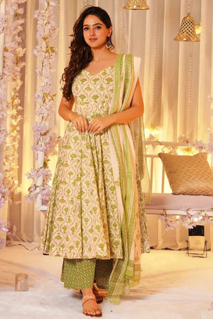 Cream Floral Printed Rayon Anarkali Suits (KF clora-701)