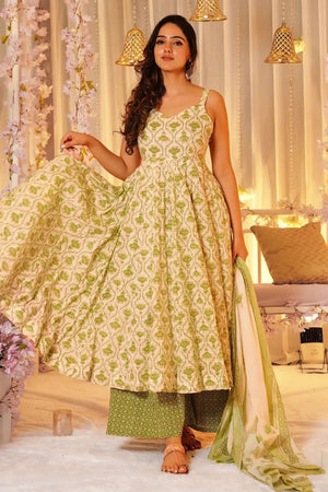 Cream Floral Printed Rayon Anarkali Suits (KF clora-701)