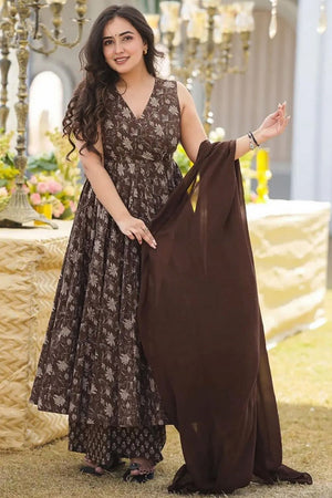 Brown Floral Printed Rayon Anarkali Suits (KF clora-702)