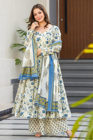 Off White Floral Printed Rayon Anarkali Suits (KF clora-705)