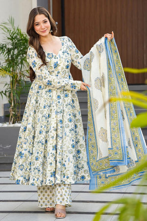 Off White Floral Printed Rayon Anarkali Suits (KF clora-705)
