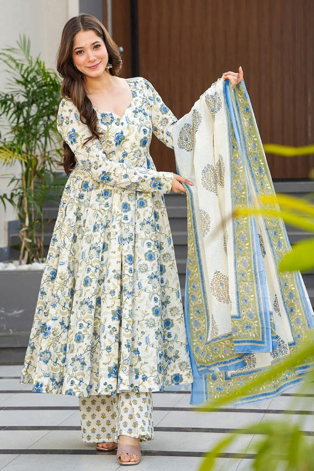 Off White Floral Printed Rayon Anarkali Suits (KF clora-705)