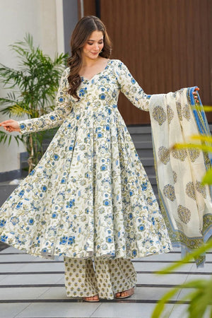 Off White Floral Printed Rayon Anarkali Suits (KF clora-705)