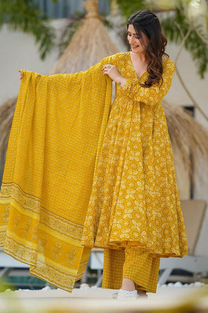 Yellow Floral Printed Rayon Anarkali Suits (KF clora-706)