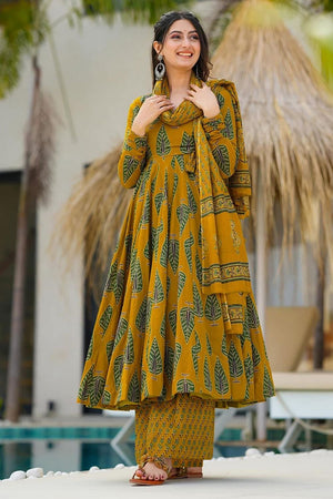 Mustard Floral Printed Rayon Anarkali Suits (KF clora-708)
