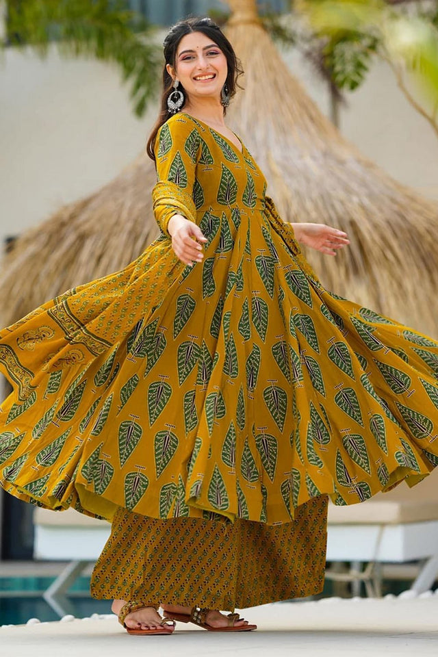 Mustard Floral Printed Rayon Anarkali Suits (KF clora-708)