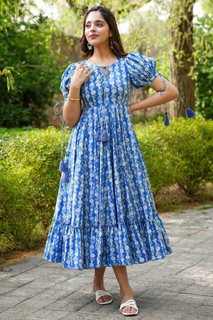 Blue Floral Printed Rayon Dresses (KF clora2-201)