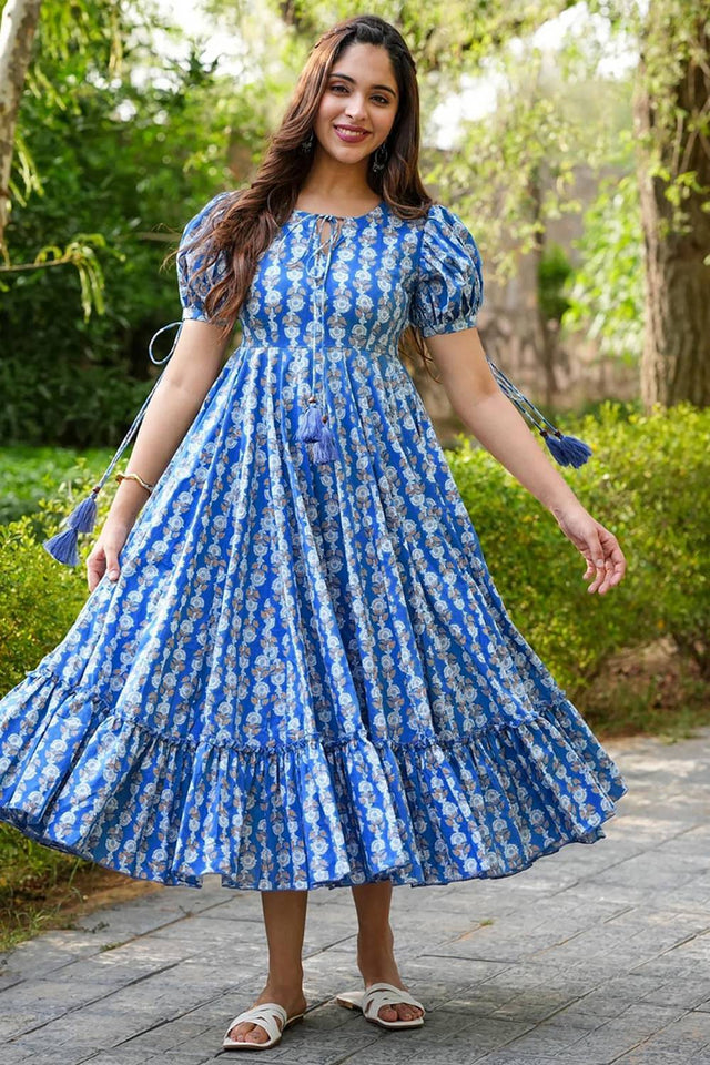Blue Floral Printed Rayon Dresses (KF clora2-201)