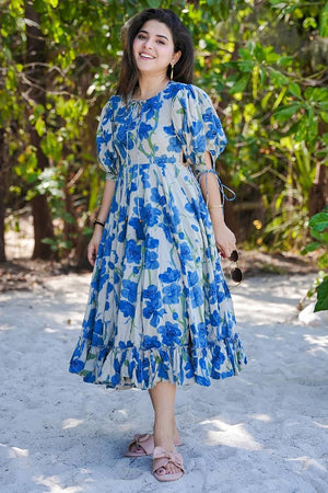 Blue Floral Printed Rayon Dresses (KF clora2-203)