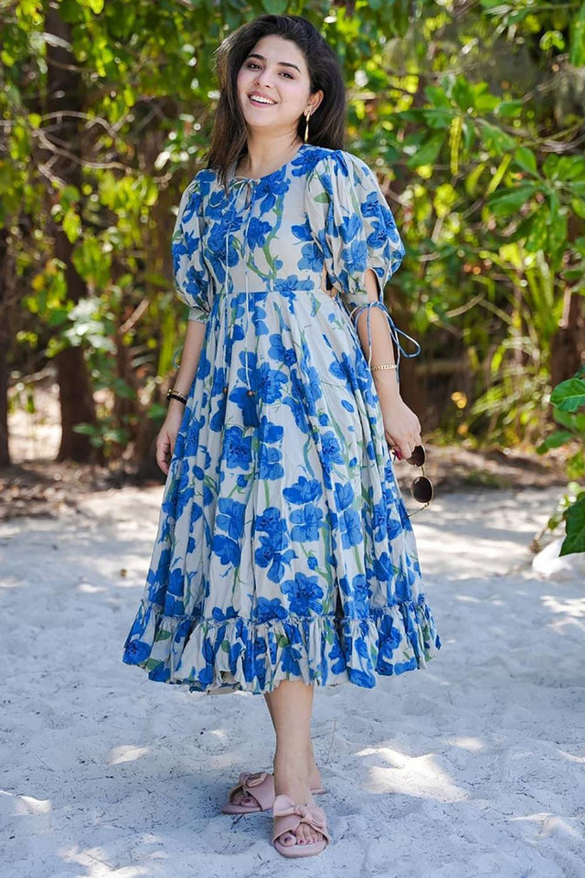 Blue Floral Printed Rayon Dresses (KF clora2-203)