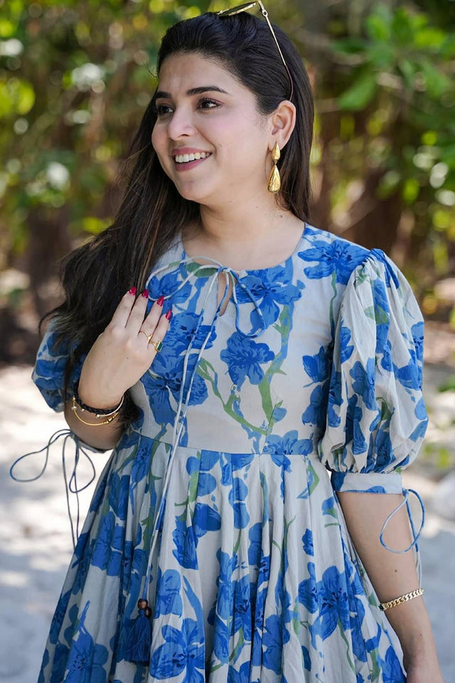 Blue Floral Printed Rayon Dresses (KF clora2-203)