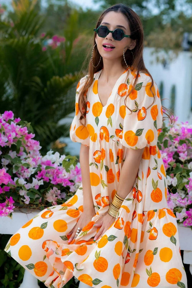 Off White Printed Rayon Dresses (KF clora2-206)