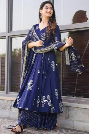 Blue Floral Printed Rayon Palazzo Suits (KF clora3-302)