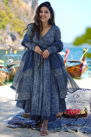 Navy Blue Floral Printed Rayon Palazzo Suits (KF clora3-304)