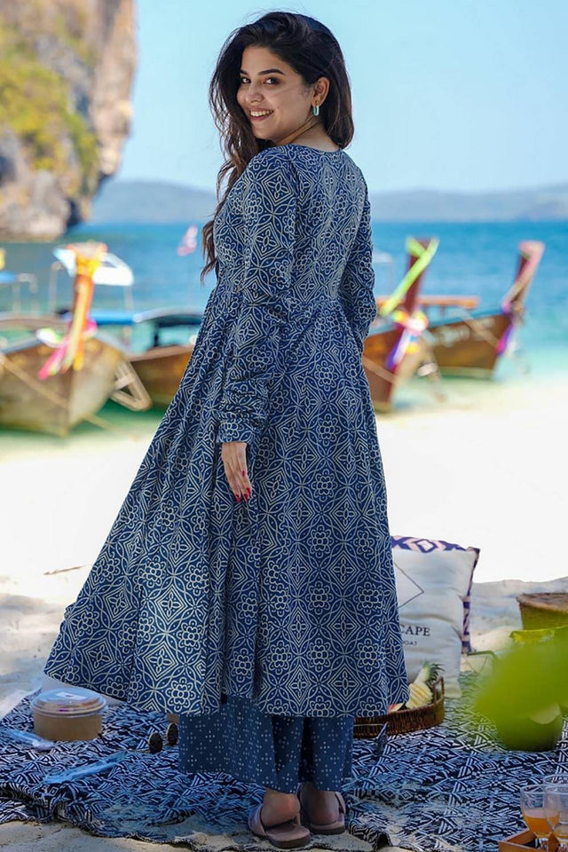 Navy Blue Floral Printed Rayon Palazzo Suits (KF clora3-304)