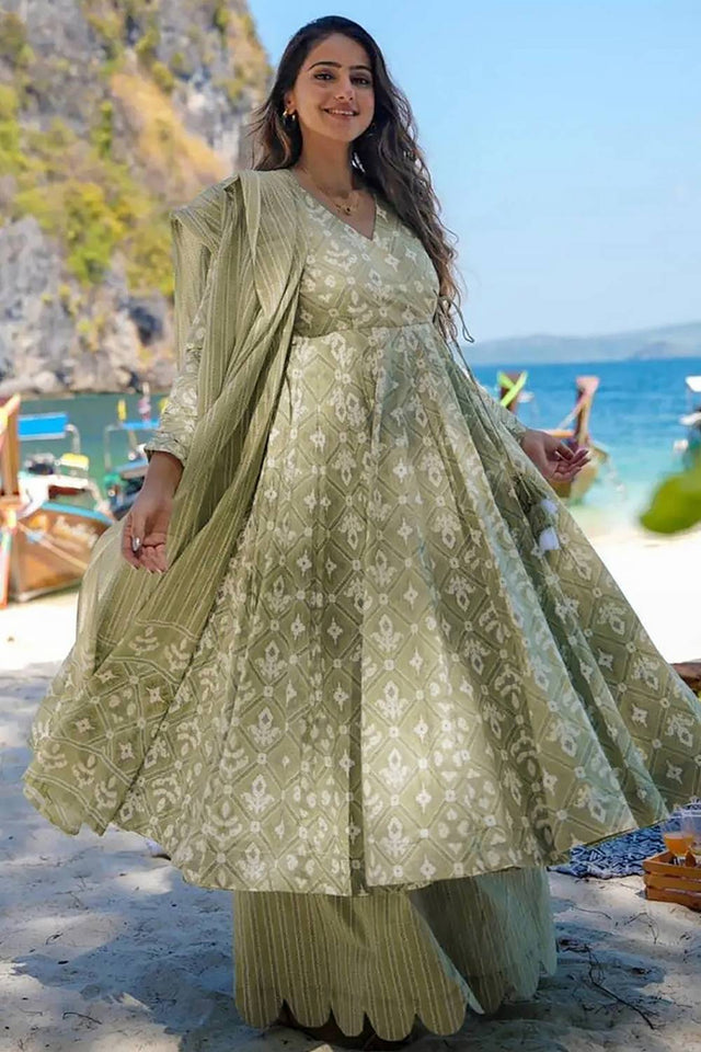 Green Printed Rayon Palazzo Suits (KF clora3-307)